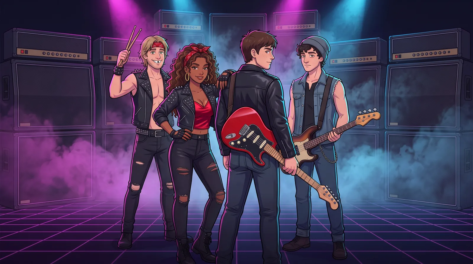 The band on stage between walls of amplifiers, Erik in front with a red guitar.