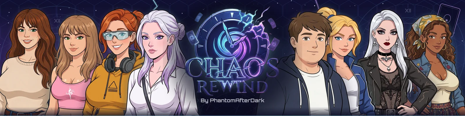 Chaos Rewind key art: the cast around the shattered clock logo.