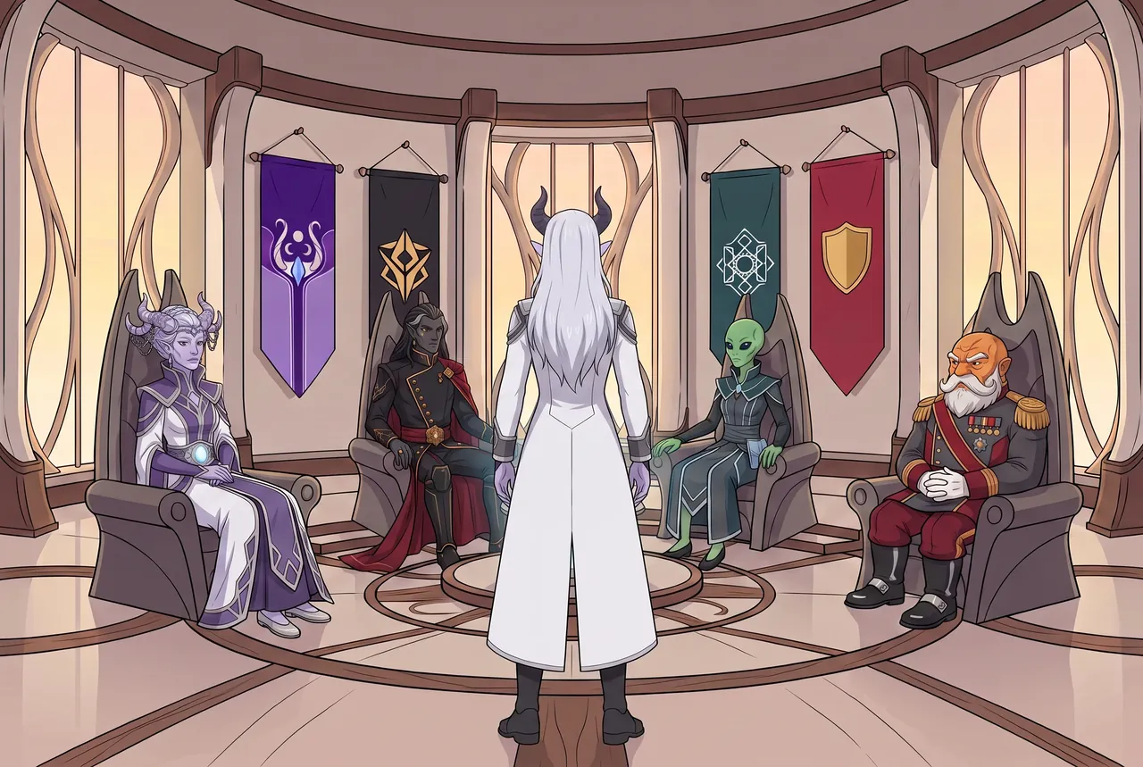 The Intergalactic Council in session, four seats around a bright chamber.