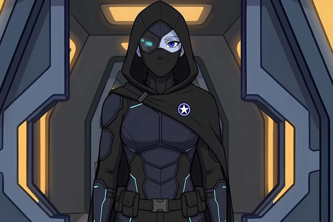 A hooded general stands in the corridor of a flagship.