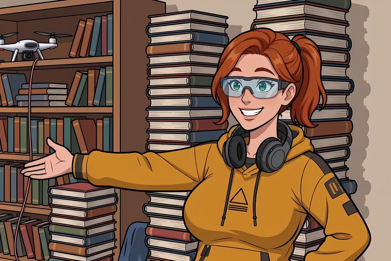 Jade, smiling, welcomes you into a workshop full of books and gadgets.