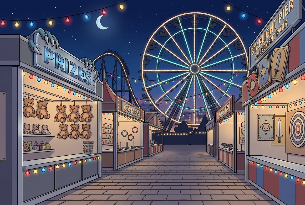 Starlight Pier at night, a ferris wheel lit up over the boardwalk.