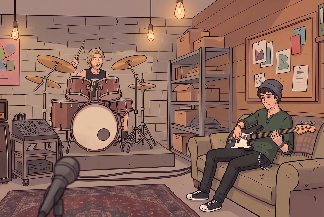 A garage rehearsal room with a drum kit, a guitarist on the couch and posters on the wall.