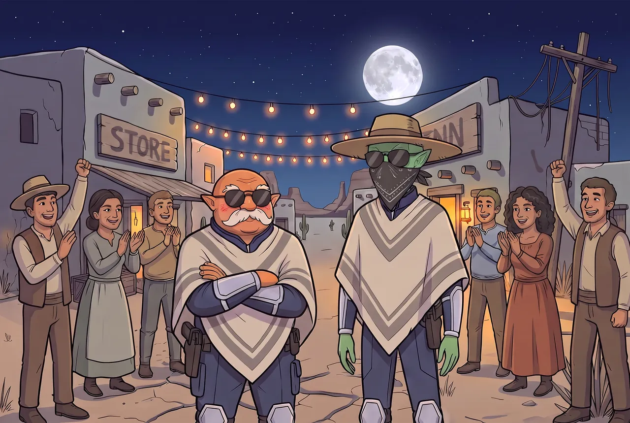 A night festival with string lights in a desert town.