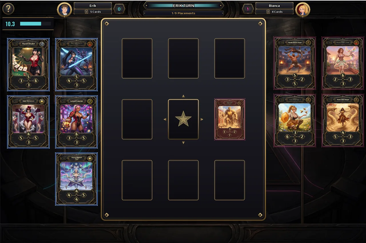 A Blitz duel in progress: a 3x3 board with cards on both sides.